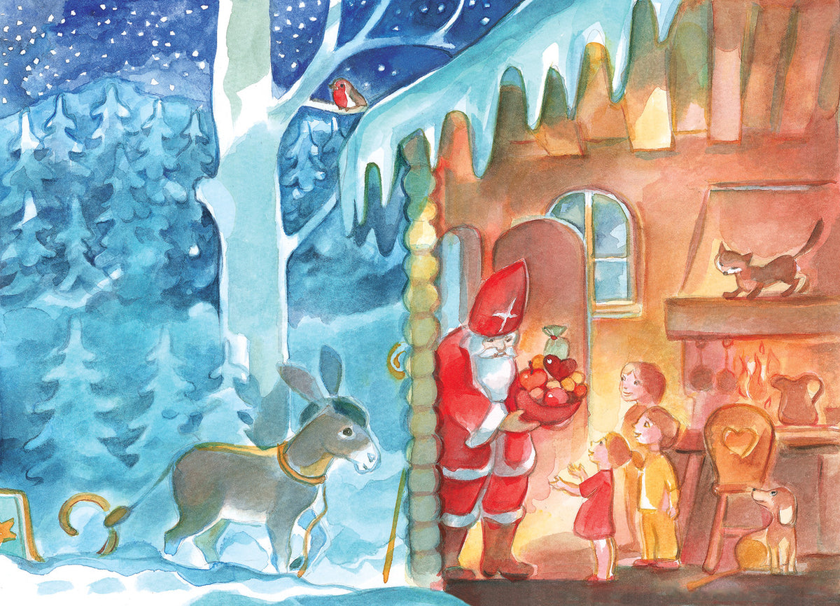 Kunstpostkarte Nikolaus von Marie Laure Viriot – Nikolaus schenkt Äpfel und Nüsse, PKWI92