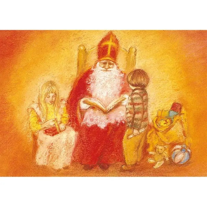 Postkarte Nikolausabend von Marjan van Zeyl, Nikolaus mit goldenem Buch und Kindern