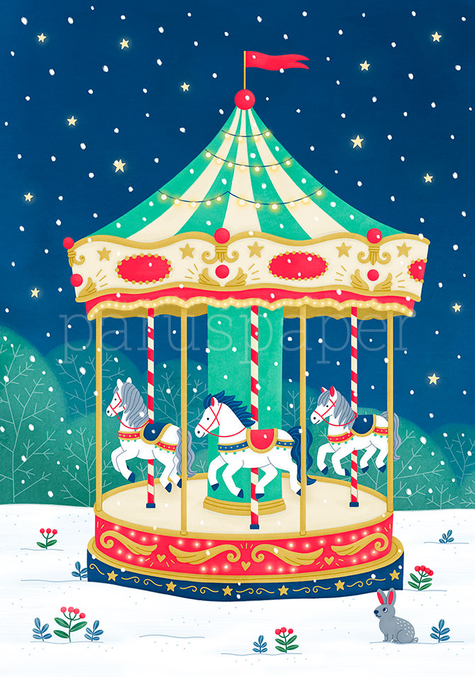 Postkarte Nostalgisches Karussell von Ruby Warnecke, weihnachtliches Karussell mit Schimmeln im Schnee
