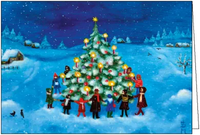Weihnachtskarte O Tannenbaum zeigt Tannenbaum im Schnee- Illustriert von Ingrid Montag-Schoenenber