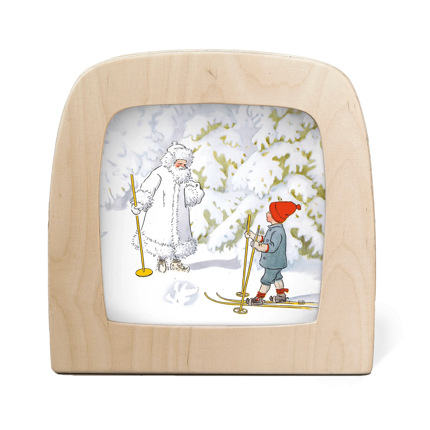 Olles Skiausflug Toverlux Motiv MO32: Junge auf Langlaufskiern begegnet einer weiß gekleideten Wintergestalt im verschneiten Tannenwald, Elsa Beskow – für die Magische Lampe
