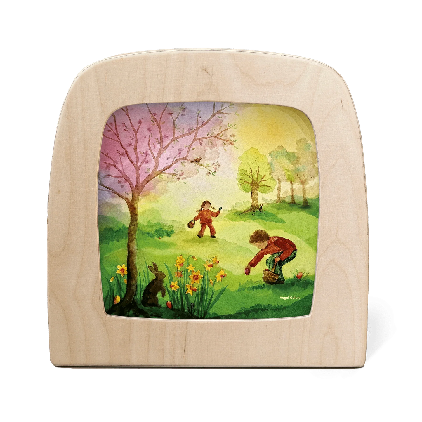 Toverlux Motiv Ostereiersuche: Kinder suchen bunte Eier unter blühendem Baum