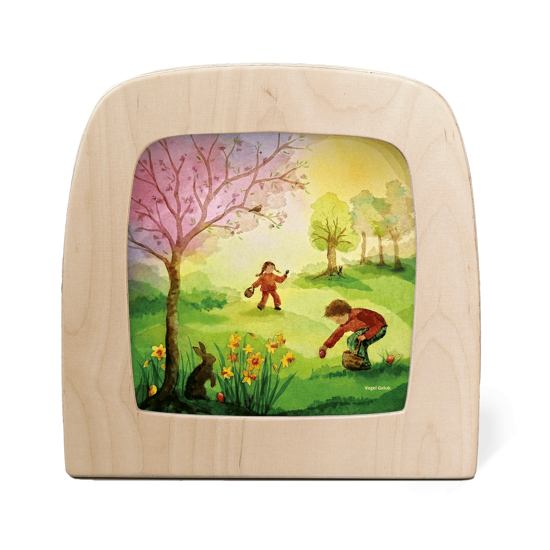 Toverlux Motiv Ostereiersuche: Kinder suchen bunte Eier unter blühendem Baum