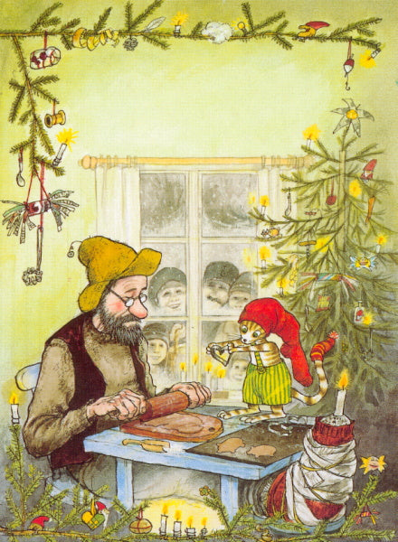Pettersson und Findus Postkarte beim Plätzchenbacken, Sven Nordqvist, Adventszeit