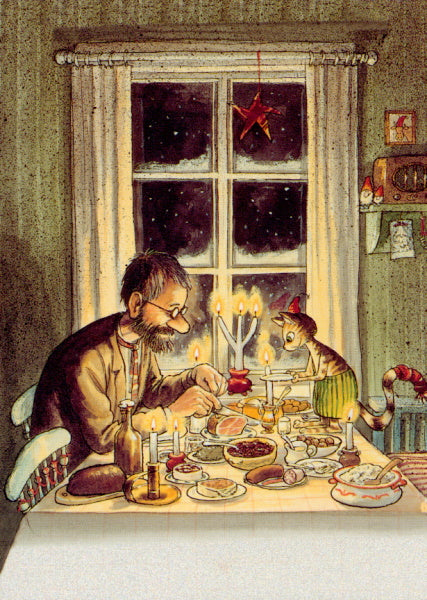 Pettersson und Findus Postkarte beim Abendessen, Sven Nordqvist, Winterzeit