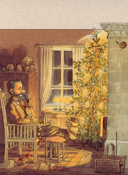 Pettersson und Findus Postkarte am Kachelofen zu Weihnachten, Sven Nordqvist