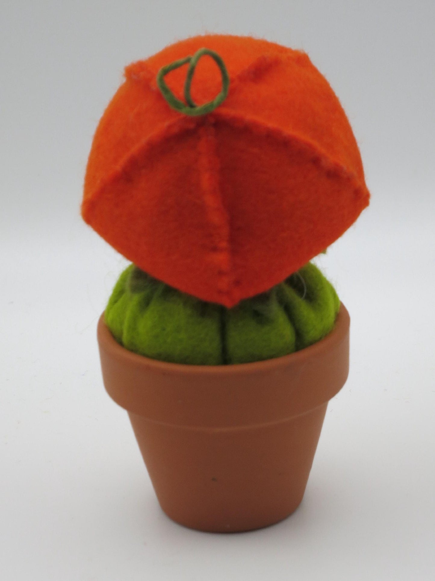 Orangefarbene laternenfoermige Physalis-Huelle aus Wollfilz in Nahaufnahme, Herbst-Blumenkind, Art. HE32