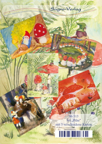 Pilze-Postkartenset Sagro Verlag - 5 Wichtel-Postkarten mit Fliegenpilzen