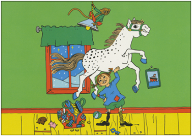 Postkarte Pippi Langstrumpf mit ihrem Pferd – PKGR154