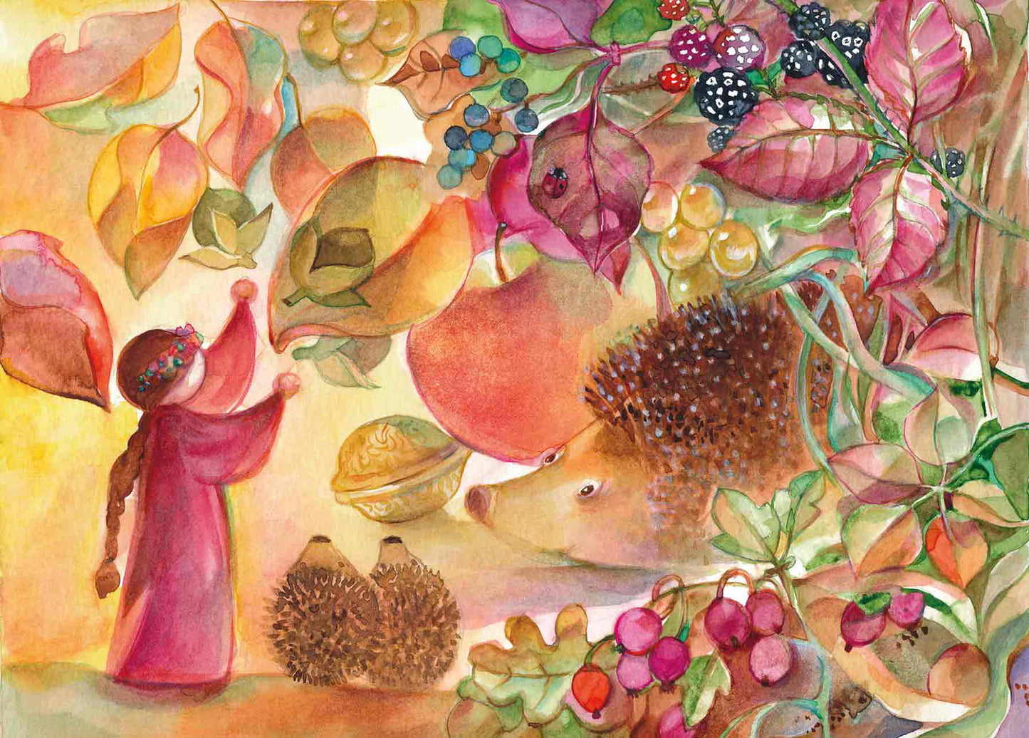 Postkarte Herbst von Marie Laure Viriot: Maedchen mit Aepfeln, Beeren und drei Igeln