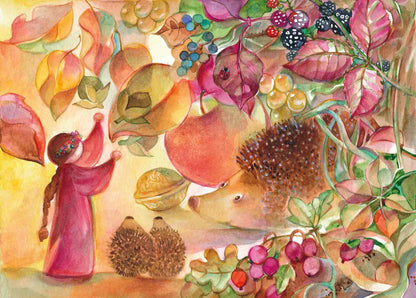 Postkarte Herbst von Marie Laure Viriot: Maedchen mit Aepfeln, Beeren und drei Igeln