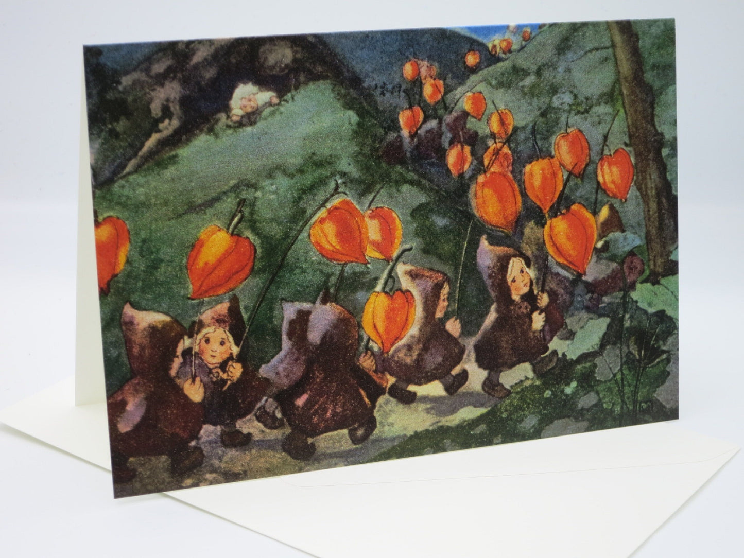 Doppelkarte Laternenumzug von Mili Weber: Wichtelkinder mit Lampionblumen im nächtlichen Bergtal