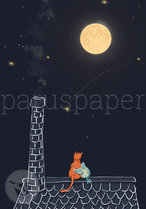 Postkarte Vollmondnacht von Antje Theres Kral: zwei Katzen auf einem Schornstein unter Vollmond
