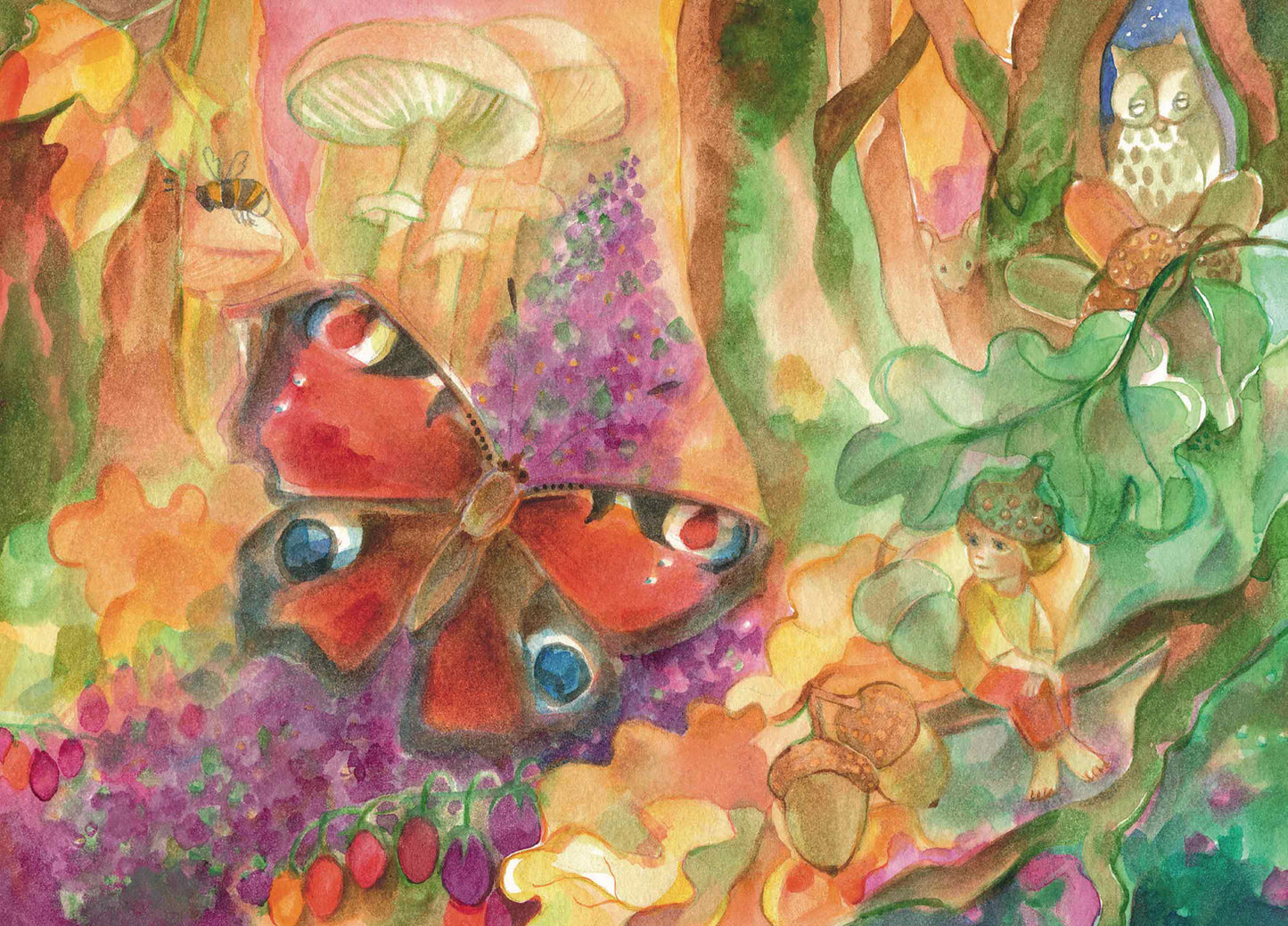 Postkarte Der kleine Wichtel von Marie Laure Viriot: Wichtel beobachtet Tagpfauenauge-Schmetterling im Herbstlaub