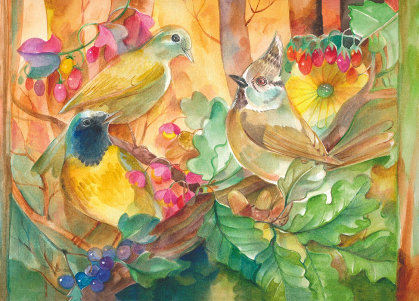 Postkarte Herbstgesang von Marie Laure Viriot: stilisierte Waldvögel zwischen wildem Wein und Beeren