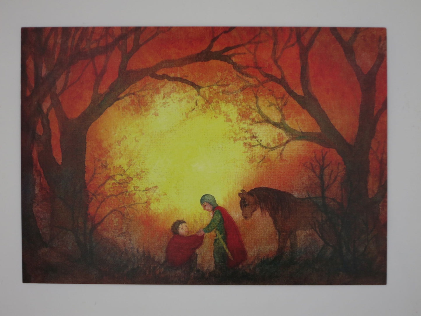 Postkarte St. Martin von Anna Hunold: Mantelteilung-Szene mit Pferd im herbstlichen Wald