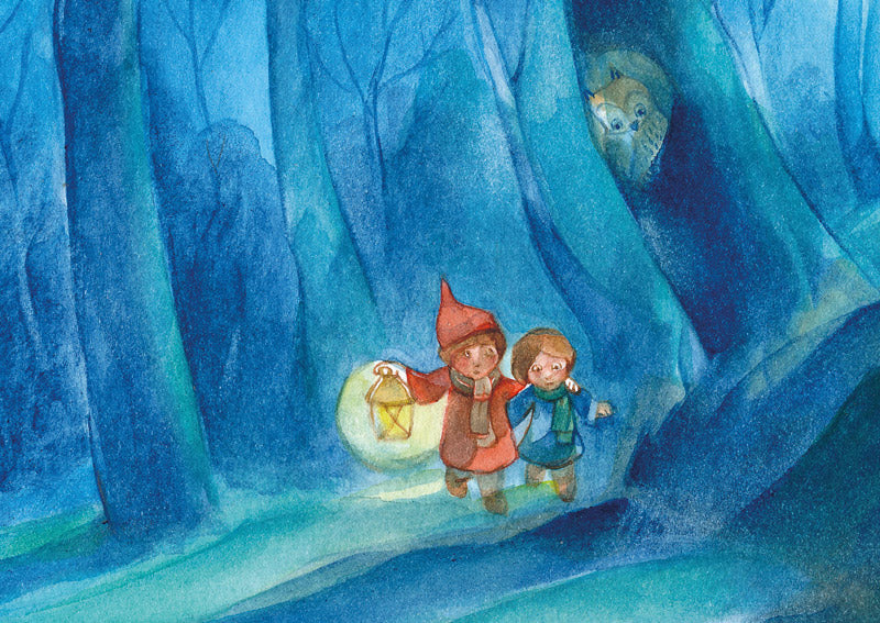 Postkarte Habe keine Angst von Marie Laure Viriot: Wichtel fuehrt Kind mit Laterne durch den Wald