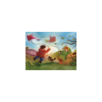 Postkarte Es fliegen die Drachen von Franziska Sertori-Kopp: Nassfilzbild mit Kindern und Drachen