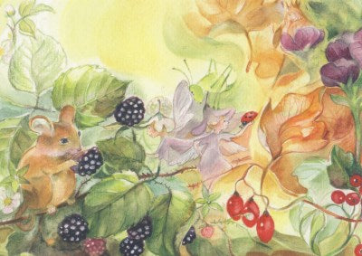 Postkarte Sylphen von Marie Laure Viriot: geflügelte Luftwesen zwischen Brombeeren und Hagebutten