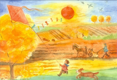 Postkarte Herbst von Dorothea Schmidt: Kind mit Drachen und Bauer bei der Feldarbeit