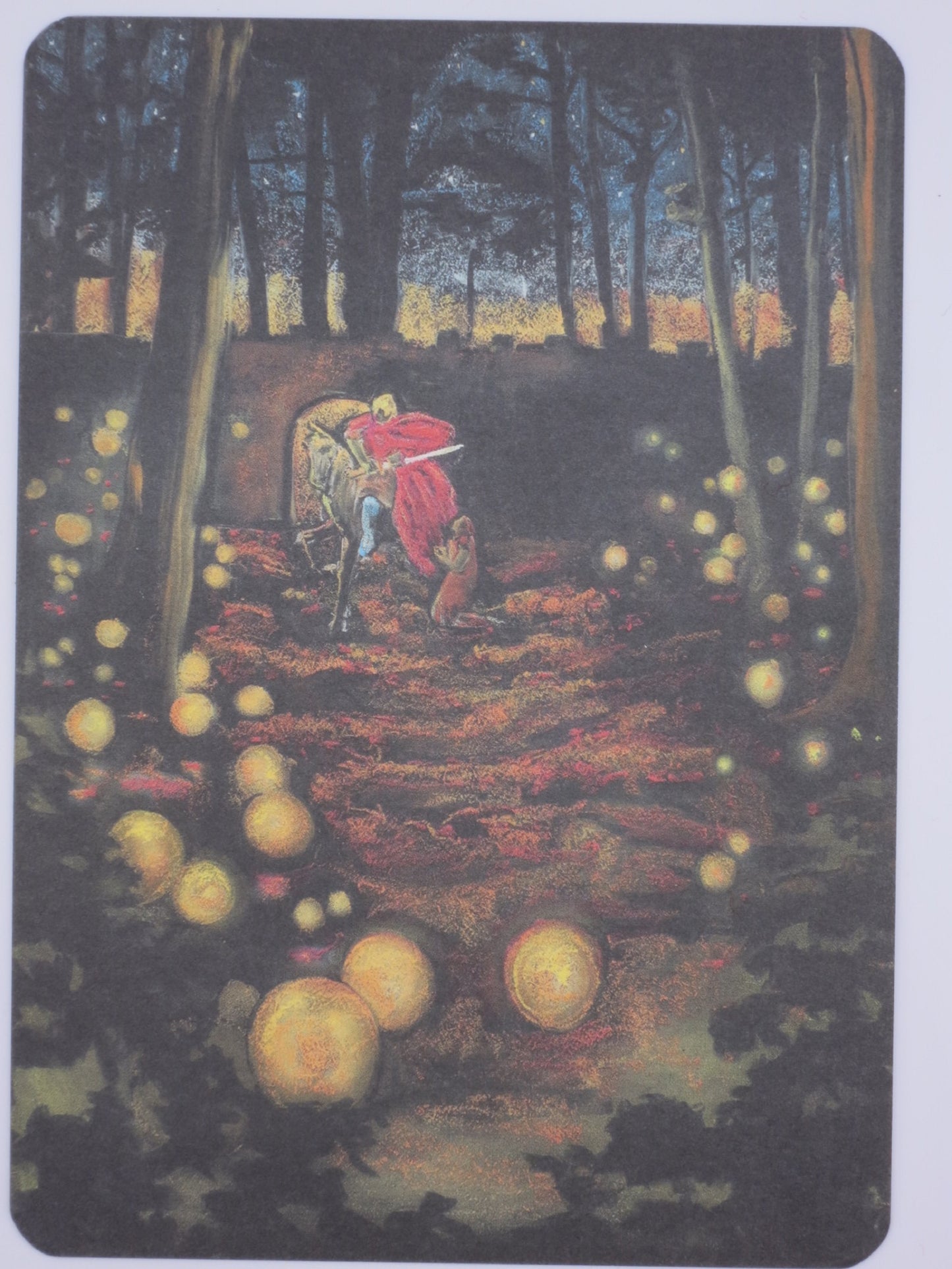 Postkarte Sankt Martin von Geertje Kapteijns: Mantelteilung im Wald zwischen leuchtenden Lichtkugeln