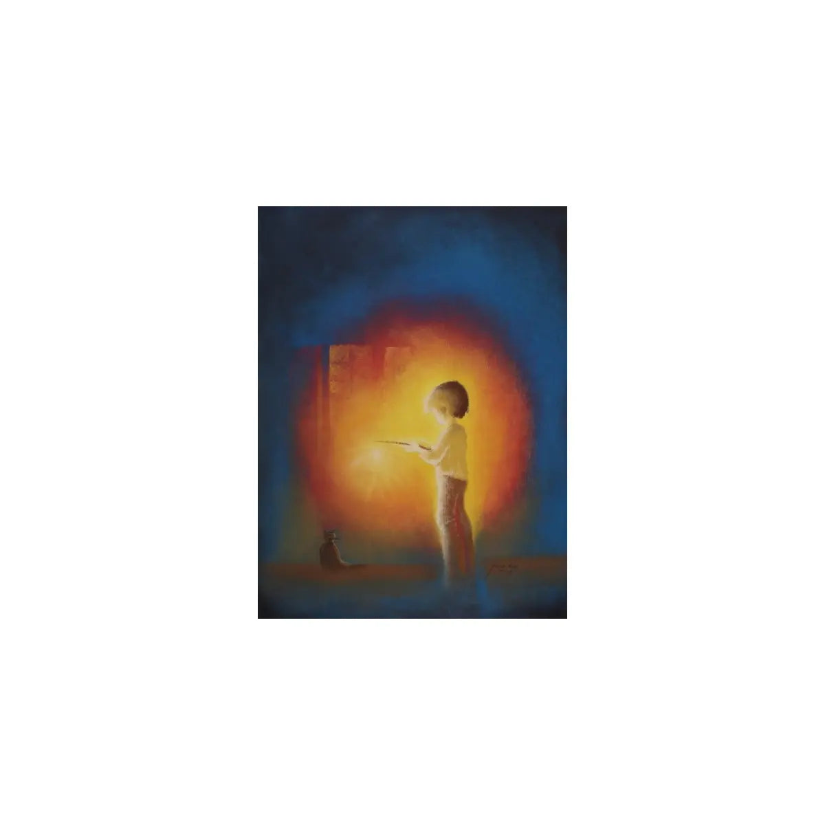 Postkarte Kind mit Laterne von Jan de Kok: Kind im warmen Laternenlicht vor blauem Hintergrund