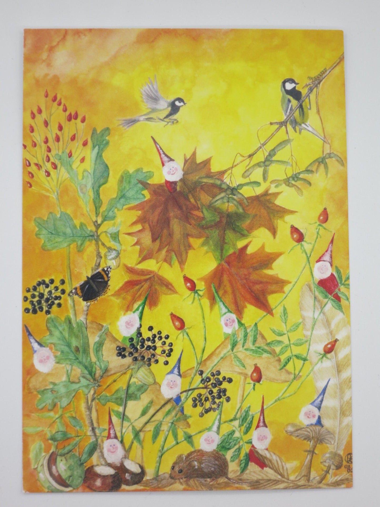 Postkarte Herbstzwerge von Anna Malten: Zwergengesichter zwischen Hagebutten, Holunder und Ahornblatt