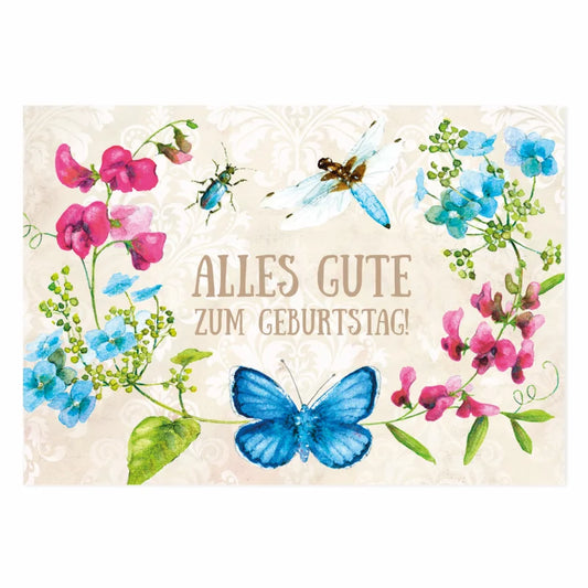 Geburtstagskarte mit Platterbsen, Libelle und Damastmuster – Alles Gute zum Geburtstag GK11