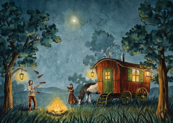 Postkarte Gaukler, Lagerfeuer bei Nacht, illustriert von Raphaela Berendt