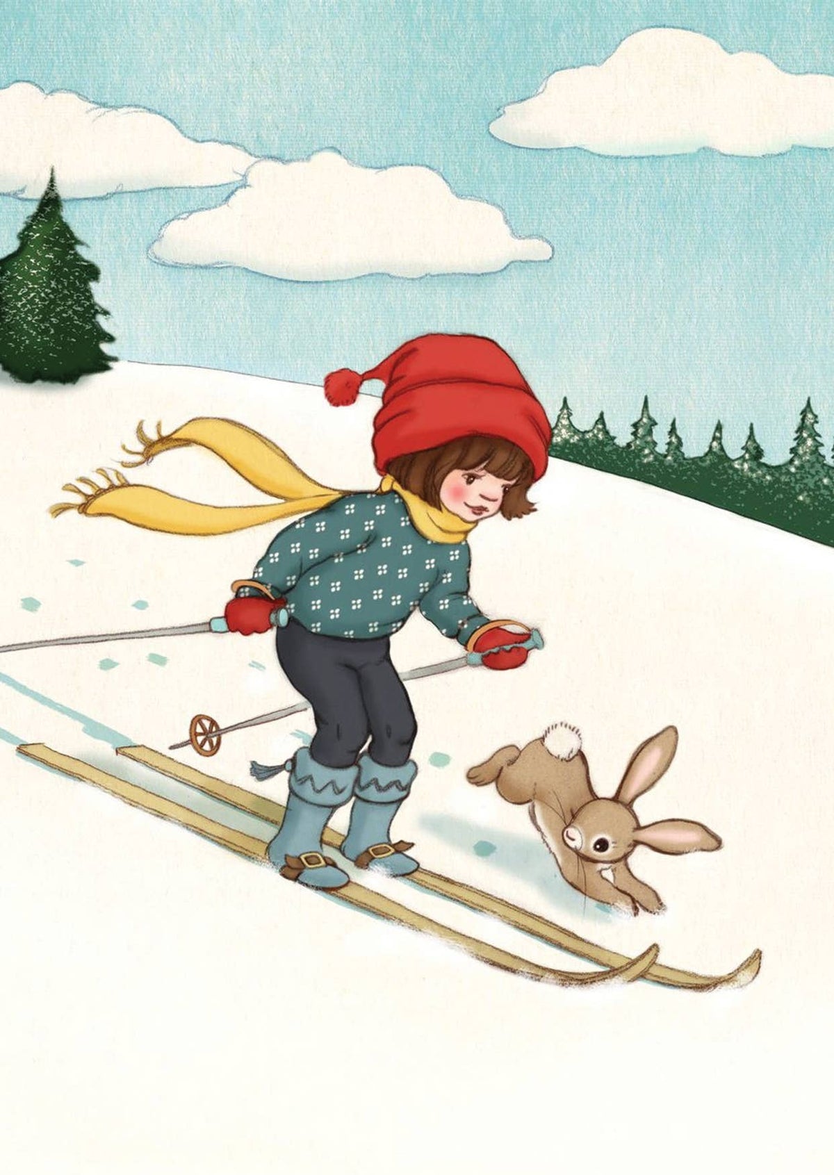 Postkarte Ski laufen, Mädchen und Hase im Schnee-von Belle & Boo