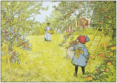 Herbst Postkarte Apfelernte PKHE216: Frau und Kind pfluecken Aepfel vor rotem Holzhaus, Gemaelde von Carl Larsson