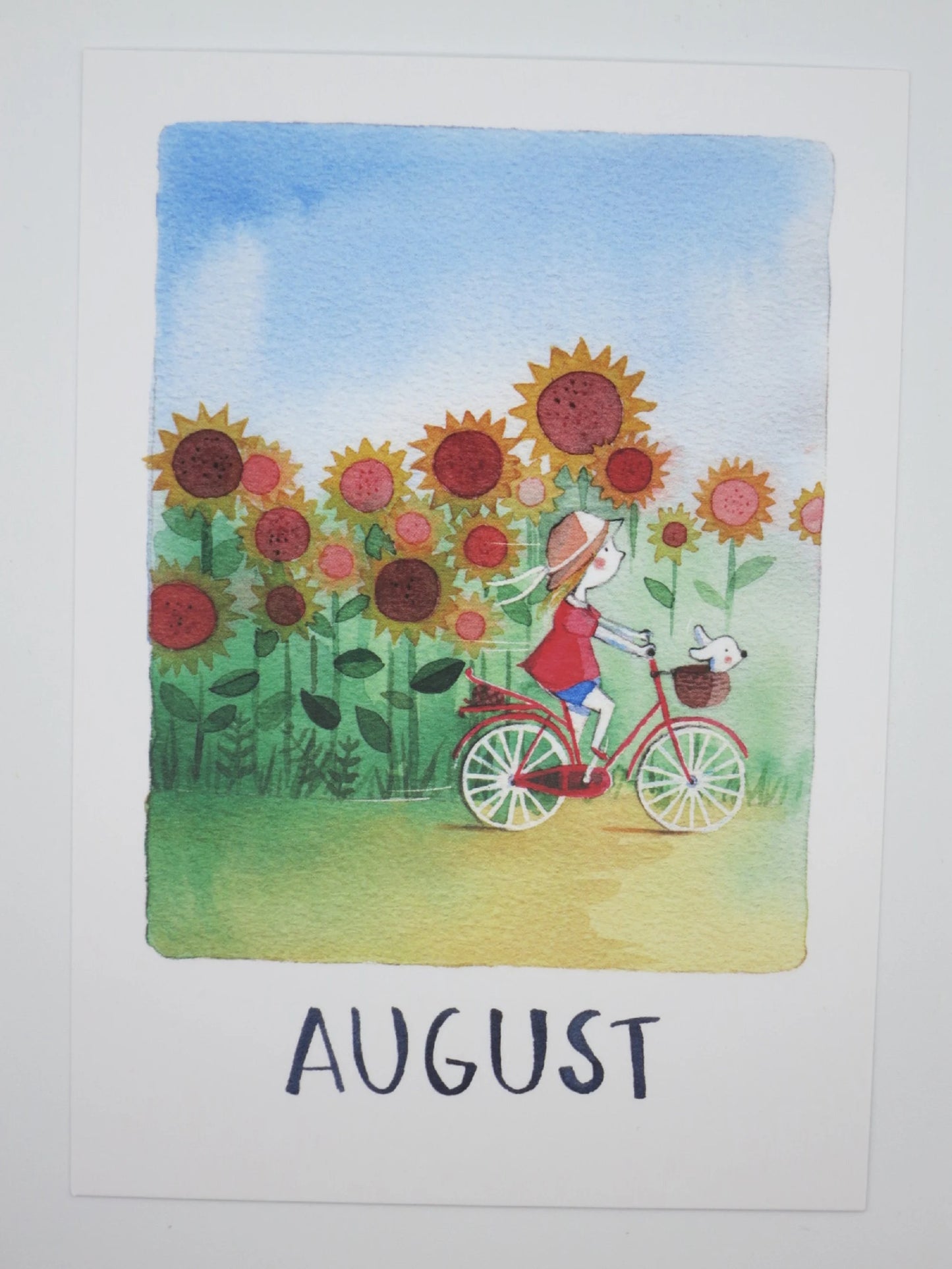 Waldorf Postkarte August: Mädchen mit Strohhut und Hund im Fahrradkorb vor Sonnenblumenfeld, Aquarell von Stefanie Messing