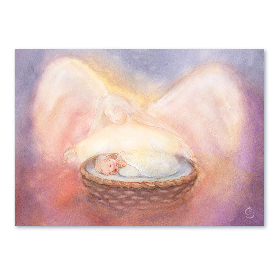 Postkarte Baby mit Schutzengel zeigt Kind mit Engel, gezeichnet von Corinna Schwerdtfeger