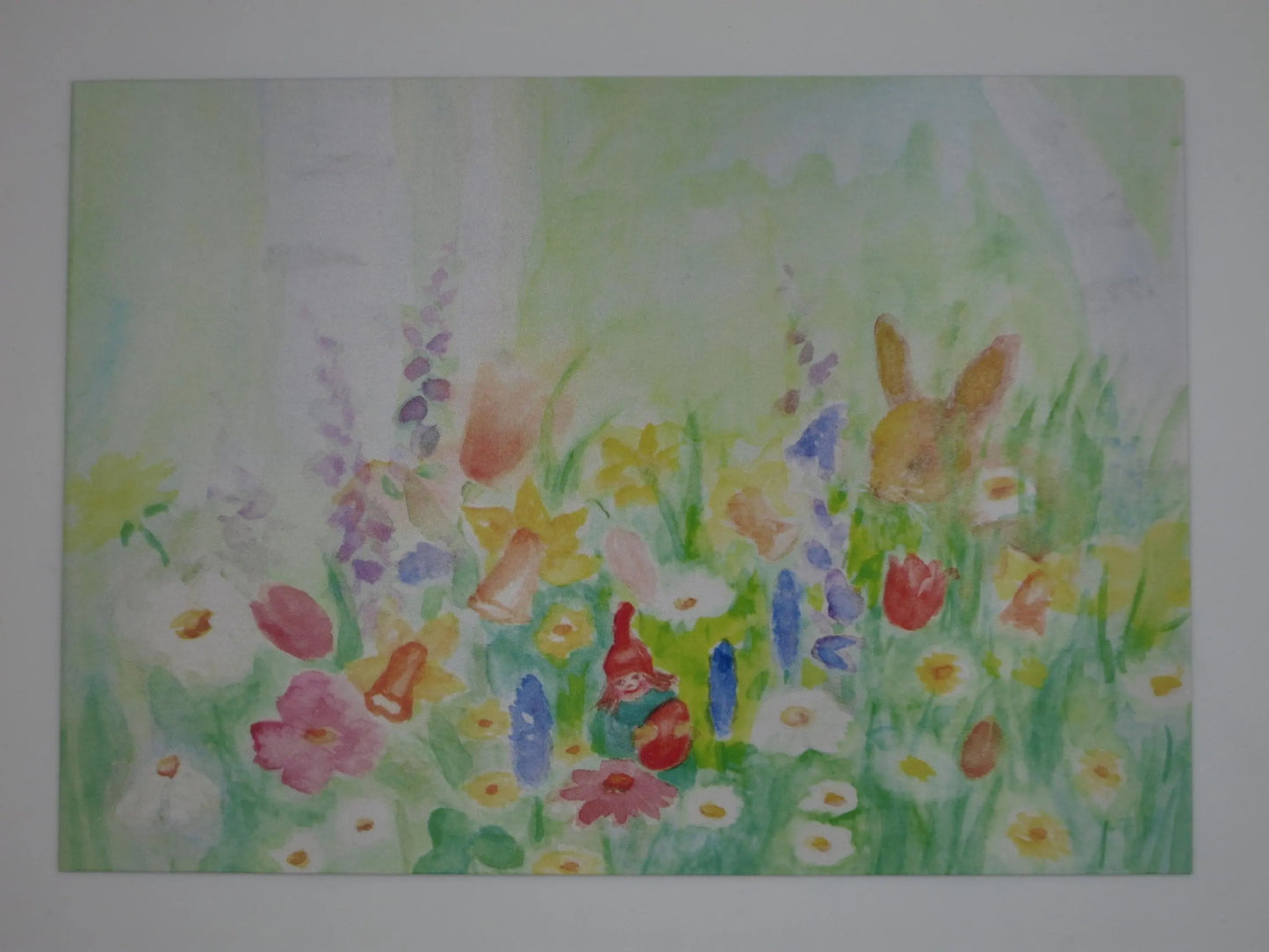 Postkarte Bald ist Ostern von Dorothea Schmidt: Bluetenwiese mit Wichtel und Hase