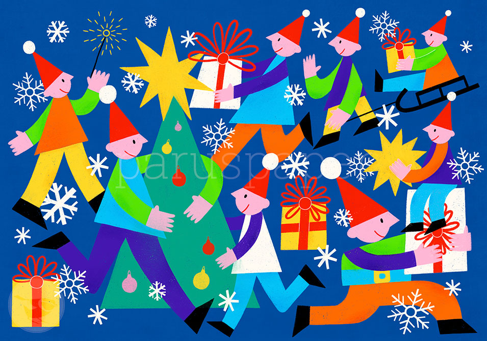 Weihnachts Postkarte Bald nun ist Weihnachten PKWei119: Eilige Wichtel mit Weihnachtsgeschenken
Zeichnung von Natalia Zlateva