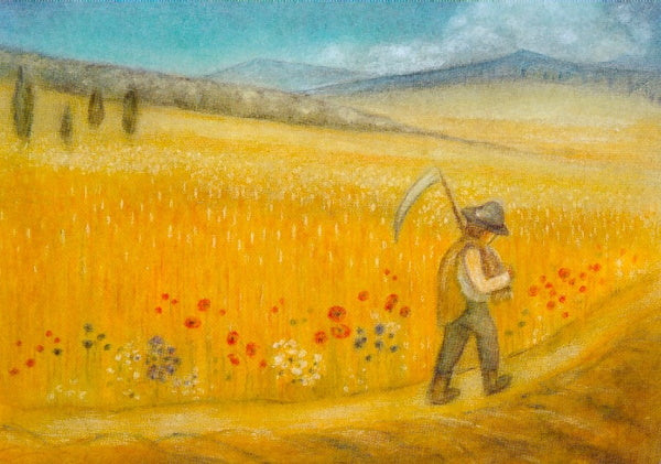 Postkarte Bauer im Kornfeld: Bauer mit Sense zwischen Mohn und Kornblumen, Pastell von Ruth Elsässer