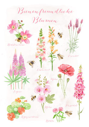 Postkarte Bienenfreundliche Blumen: botanische Bestimmungstafel mit Löwenmaul, Lavendel, Fingerhut und Bienen, Aquarell von Dörthe Brandt