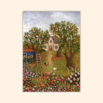 Postkarte Cottage Garten zeigt Herbstgarten mit Haus, illustriert von Asia Spettel