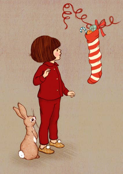 Postkarte Der Nikolausstrumpf, Mädchen und Hase an Nikolaus, von Belle & Boo