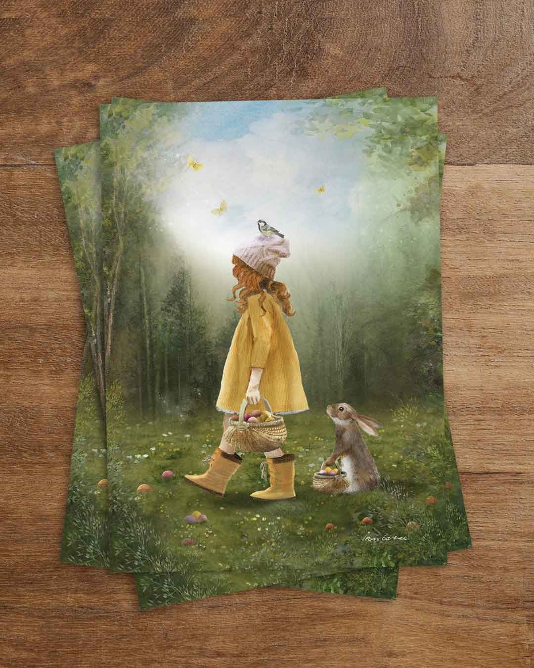 Oster Postkarte Die Eiersuche PKFR233: Mädchen mi Korb und Hase
Zeichnung von Iris Esther
