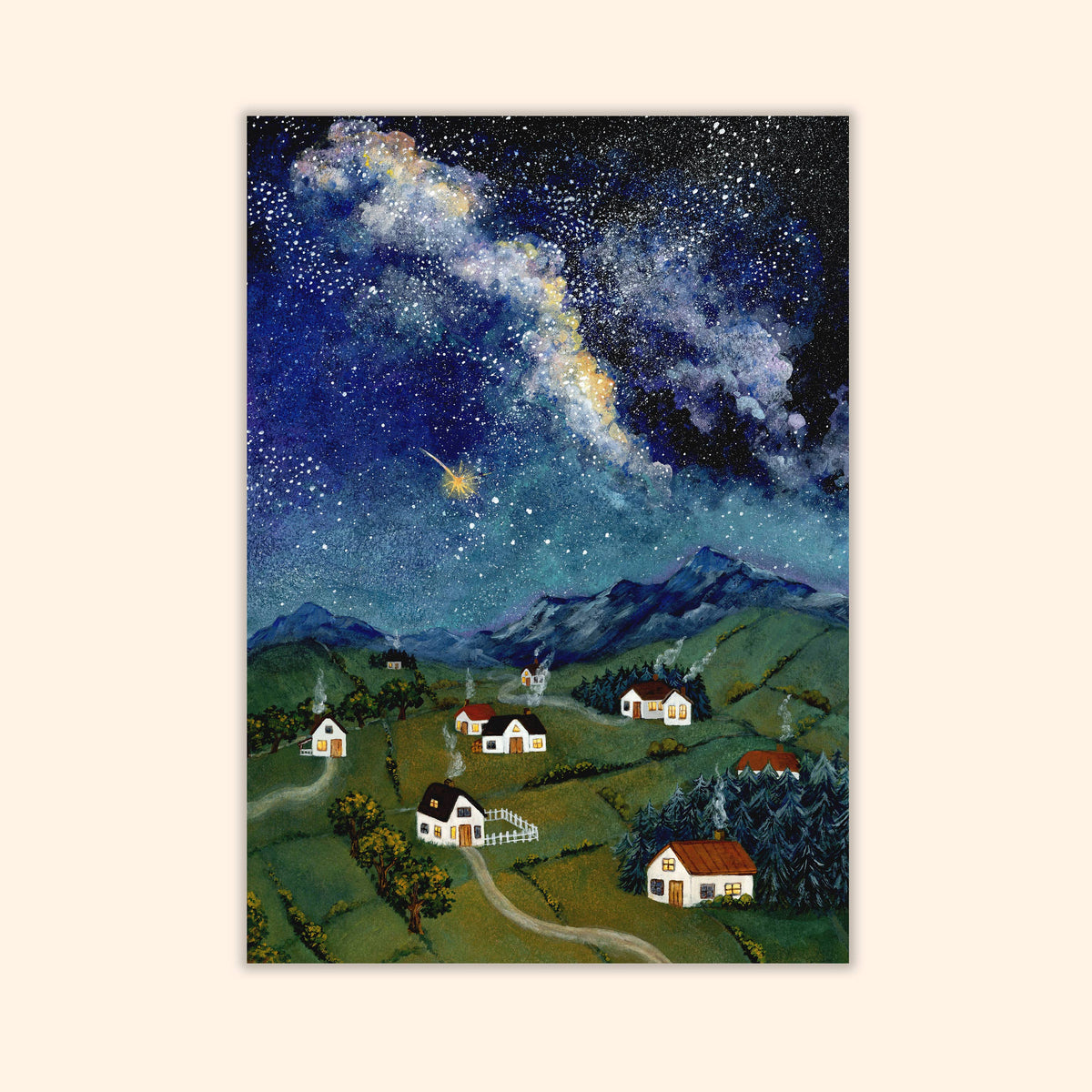 Postkarte Die Nacht der fallenden Sterne, zeigt eine klare Sommernacht, illustriert von Asia Spettel