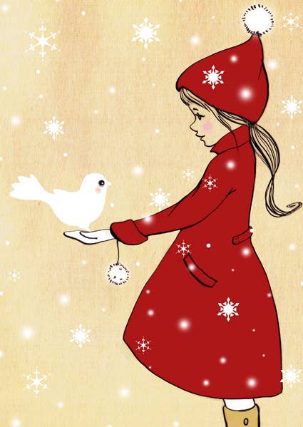 Postkarte Die Schneetaube, Kind mit Taube von Belle & Boo