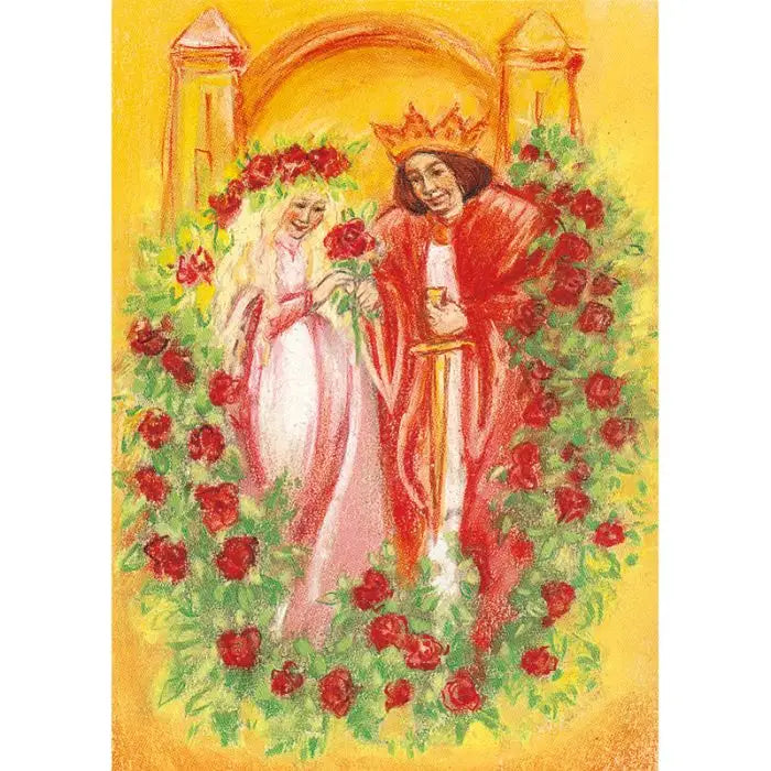 Prinz und Prinzessin im Rosenkranz vor einem Schloss – Postkarte Dornröschen von Marjan van Zeyl