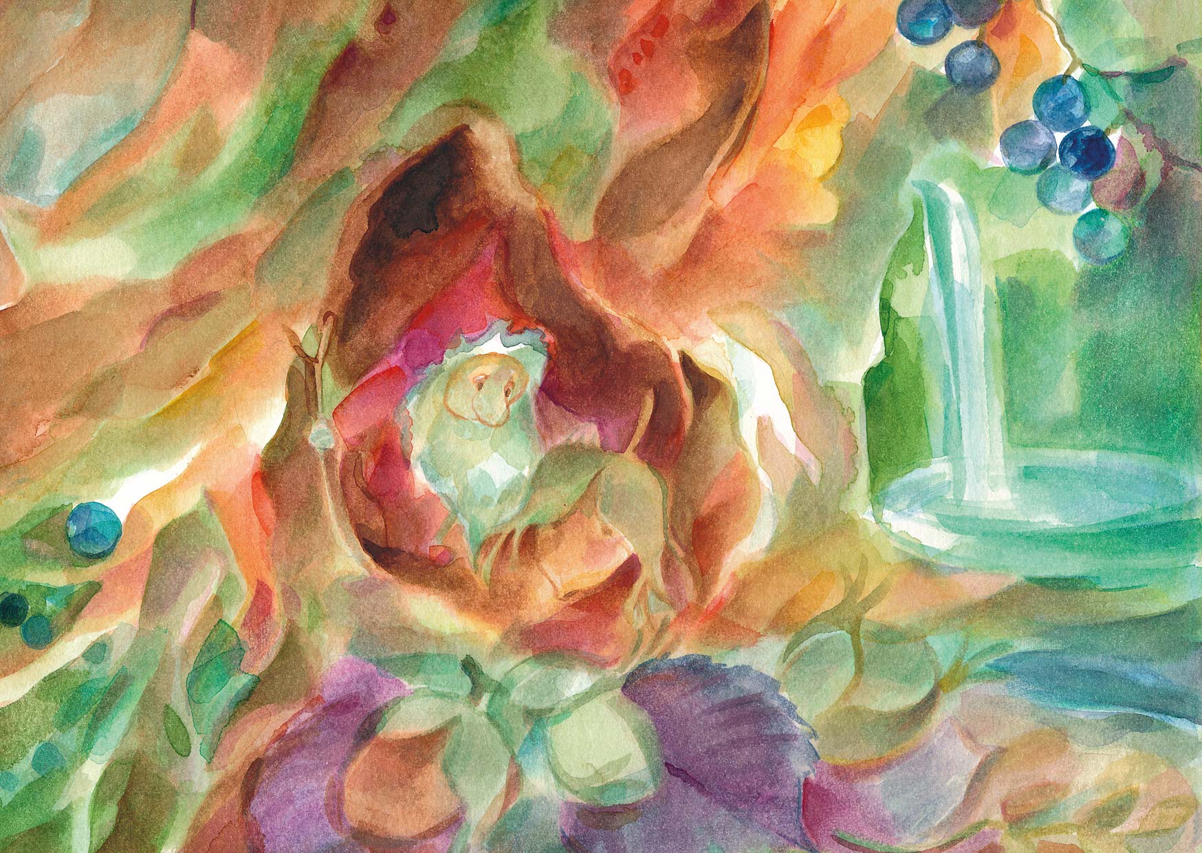 Herbst Postkarte Du meine Nuss PKHE243: Zwerg mit Haselnuss in Baumhoehle umgeben von Herbstlaub
Aquarell von Marie Laure Viriot