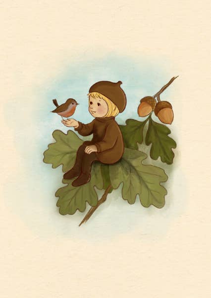 Herbstpostkarte Eichel Freund zeigt Wichtel auf Eichenblatt Vogel- Illustriert von Belle&Boo