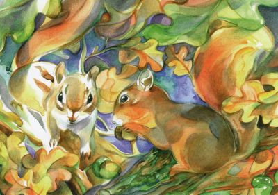 Eichhörnchen mit Eichel zwischen bunten Eichenblättern – Postkarte „Eichelfest“ von Marie Laure Viriot