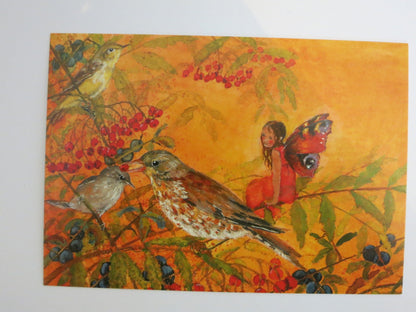 Elfe mit Tagpfauenauge-Fluegeln neben Singdrossel zwischen Vogelbeeren – Postkarte Elfe mit Vogel von Daniela Drescher