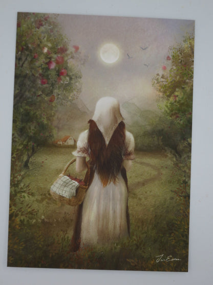 Herbst Postkarte Erntemond PKHE251 : Junge Frau bei Apfelernte mit Vollmond 
Zeichnung von Iris Esther