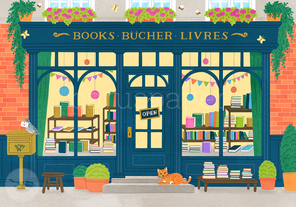 Sommer Postkarte Fabelhafte Buchhandlung PKSO332: Buchhandlung von aussen mit Buecher
Aquarell von Ruby Warnecke