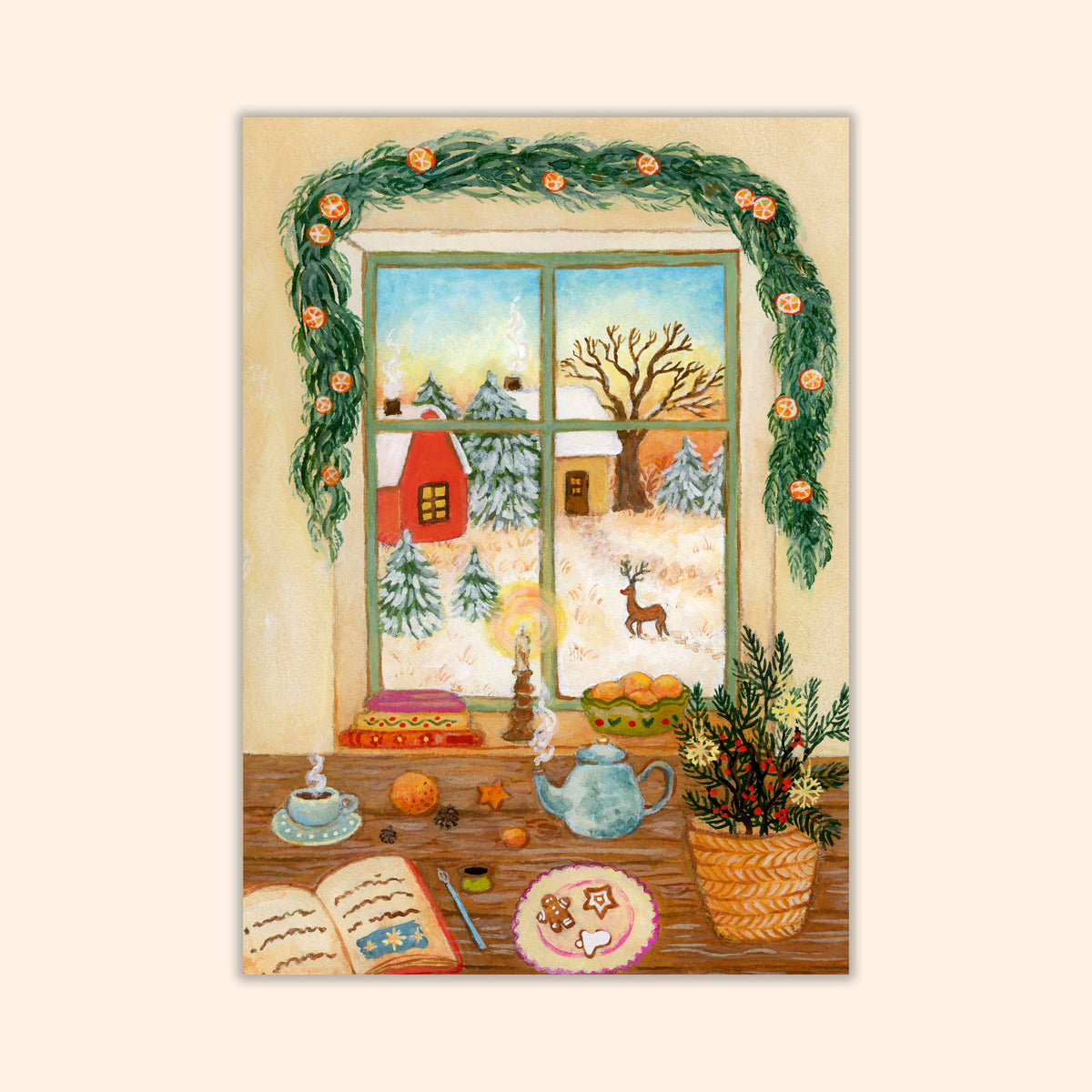 Postkarte Feier der kleinen Momente, Winterfenster, illustriert von Asia Spettel 